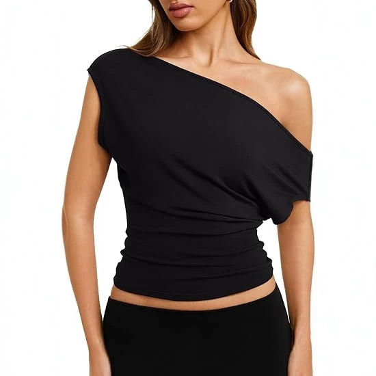 Women's Sexy Off Shoulder Asymmetrical Slim Fit Short Sleeve Top – Side Slash Neck Summer Tee_ecoleips.com