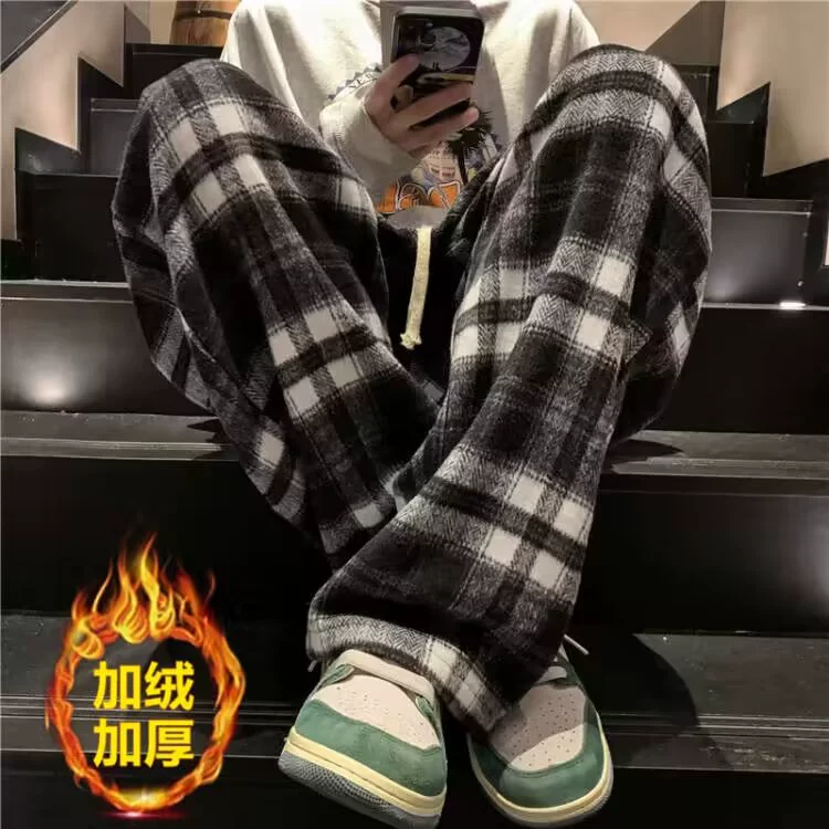 Американские брюки в клетку в стиле ретро, Мужские осенне-зимние прямые свободные модные брендовые повседневные брюки с драпировкой и широкими штанинами на флисовой подкладке