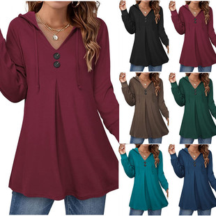 2024 cross-border Amazon independent station spring new casual button V-neck long-sleeved hooded top sweater women's clothing