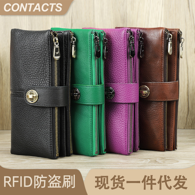 Black Angel RFID anti-theft brush 30% discount women's wallet with AirTag tracker long buckle cowhide wallet