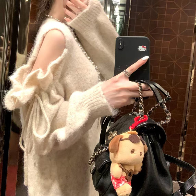 新款【乖妹速成】羊毛露肩抽褶系带针织衫女秋毛衣宽松氛围感上衣|undefined