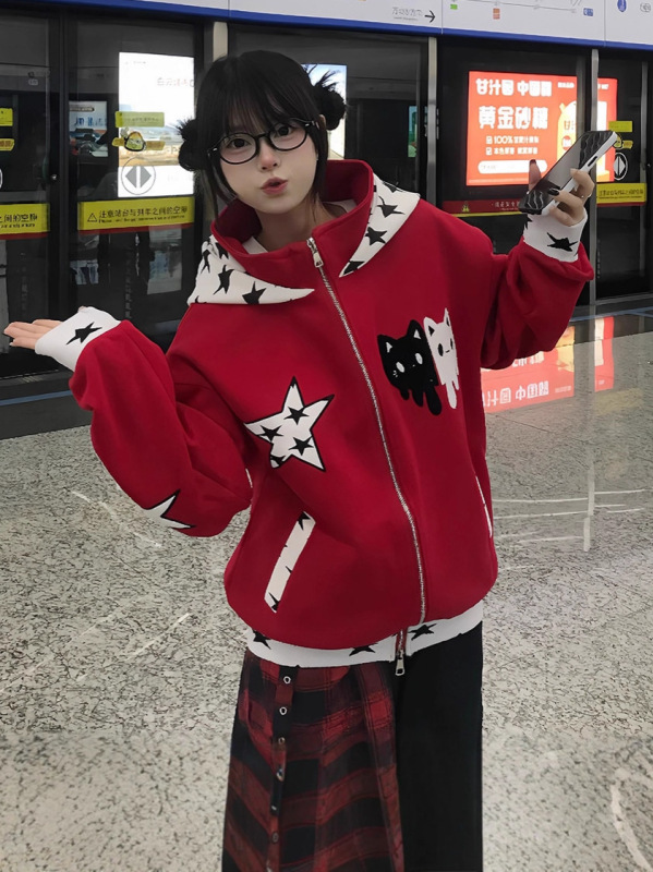 复古街头条纹撞色拼接星星连帽卫衣外套女宽松休闲百搭叠穿棒球服|undefined