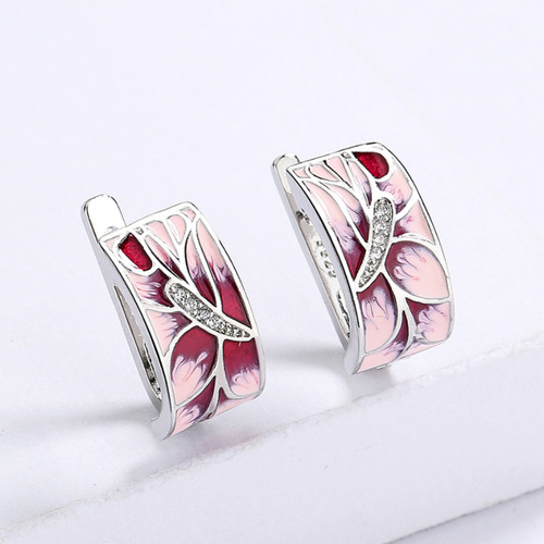  New Retro Elegant Pink Floral Earrings with Craftsmanship Enamel Wedding Party Jewelry