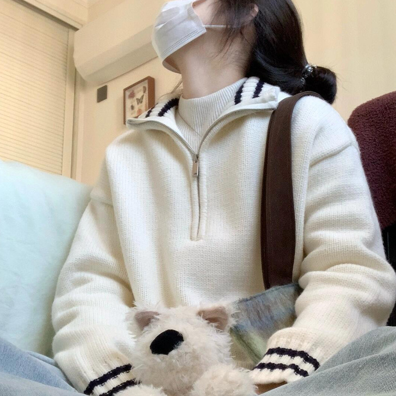 学院风拉链毛衣女秋冬季2025新款奶呼呼软糯慵懒设计感针织衫上衣|undefined