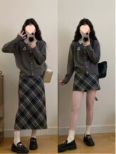 大码学院风套装女春季假两件针织开衫胖MM遮肉显瘦半身裙子两件套