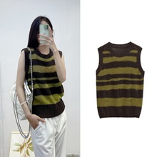 跨境女装法式时尚撞色条纹背心修身无袖圆领套头内搭针织衫女上衣