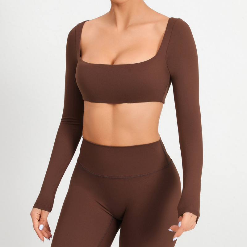 European and American square collar long-sleeved yoga clothes with chest pad outdoor running workout clothes quick-drying long-sleeved T-shirt sports top for women