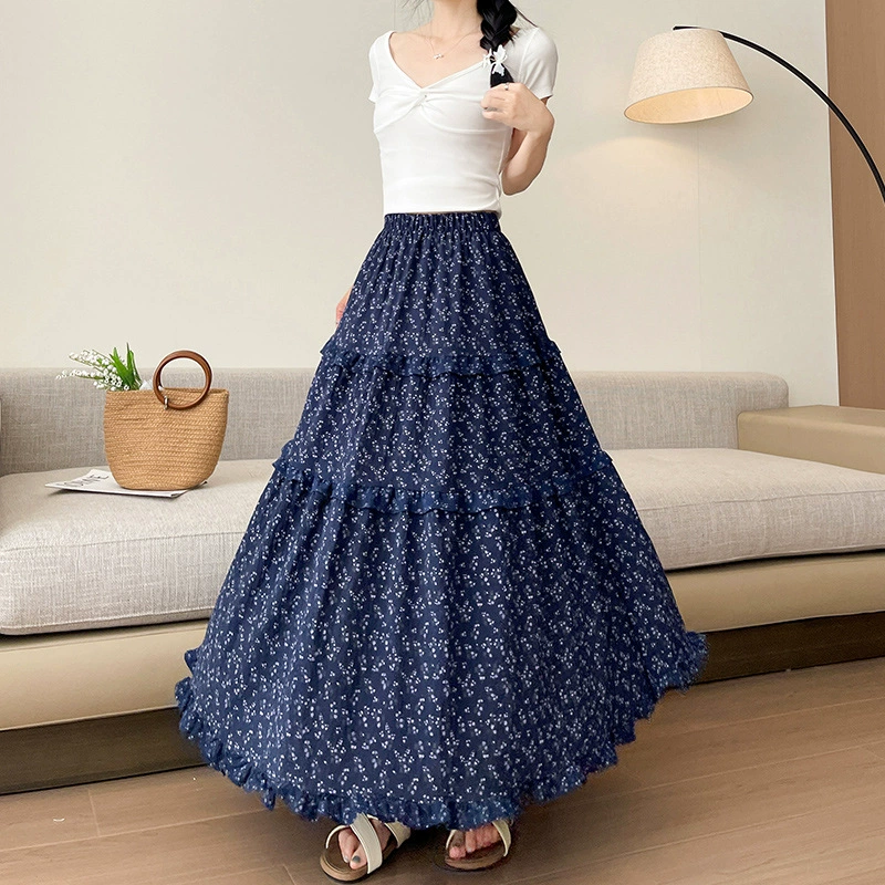 Юбка женская весна-лето новый корейский стиль ретро бежево-белый цветок с высокой талией юбка-буква повседневная ленивая длинная юбка