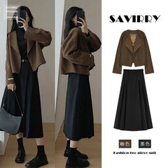秋冬季2025新款女装茶系韩系温柔穿搭整套搭配裙子法式h型套装