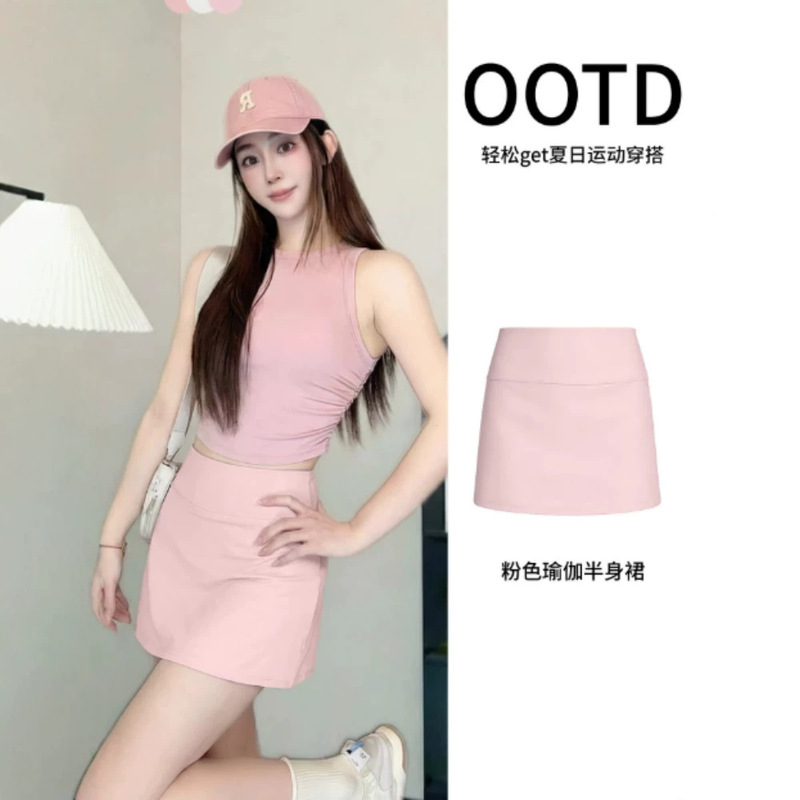 Pink Yoga A-Line Skirt for Women with Lining, Workwear Short Skirt Pants, Ice Silk Summer Korean Style Sports Tennis Outfit