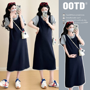 Maternity Wear 2025 Summer New Korean Fashion Fake Two-Piece Splicing Loose Mid-Length Maternity Dress