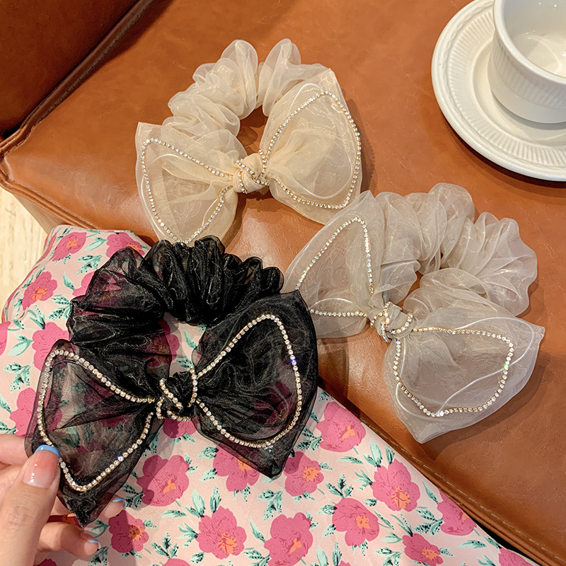 Diamante de malla de arco de arco anillo de cabello cuerdas de cabeza 2021 nuevo temperamento francés anillo de cabello cuerdas de cabello de cabello de flores