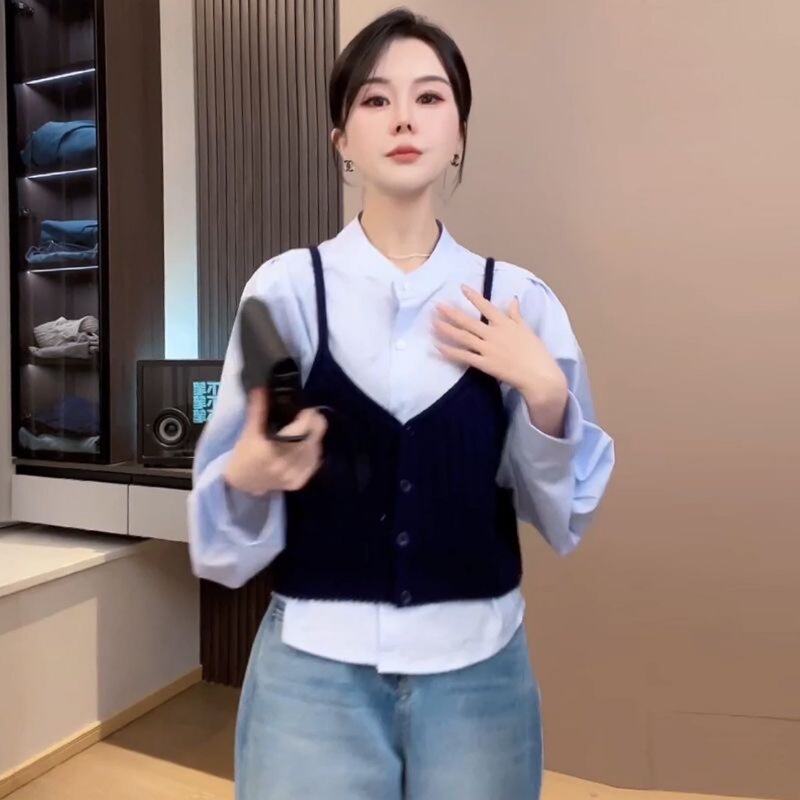 2025春の新作韓国ファッションラウンドネック長袖シャツとショートニットキャミソール2点セット|undefined
