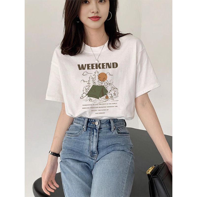 White pure cotton short-sleeve t-shirt for women, 2026 new popular style, loose design, slimming half-sleeve tee, summer top