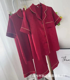 新款本命年红色冰丝睡衣女新娘新婚情侣爱心短袖套装新郎家居服男