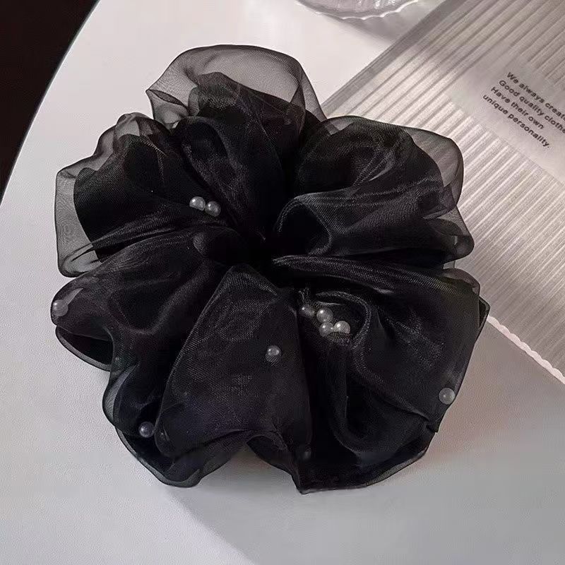 欧根纱材质韩系灌珠网纱大肠发圈温柔气质风女马尾头绳侧麻花发饰|undefined