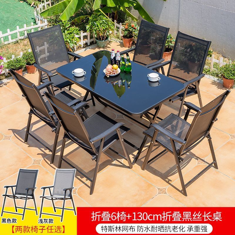 Mesa larga de seda negra plegable de 6 sillas + 130 cm