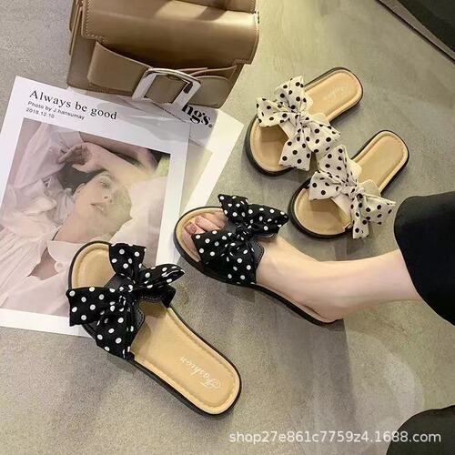 New style bow tie slippers women's outdoor Korean-style floral beach shoes sandals women's internet celebrity Instagram flat shoes wholesale