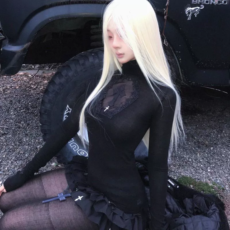 Трансграничный темный американский крест вырезающий топ женская футболка весна и осень стройный полувысокий воротник с нижней рубашкой in