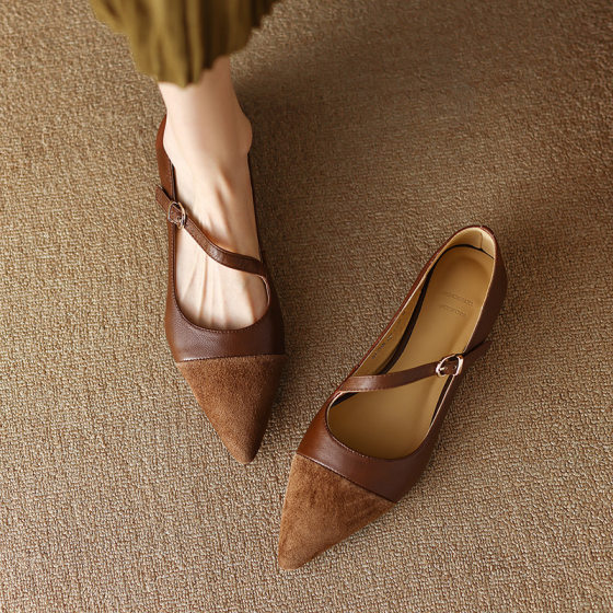 Vintage Brown Pointed Single-layer Shoes Women's Soft Leather 2024 New Flat Heel Shallow-vamp Shoes French Flat Shoes with Buckle Strap