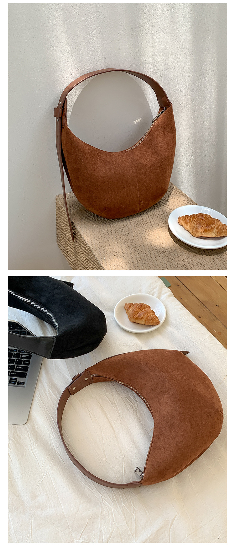Suede autumn edition women, Japanese Korean niche hand-held dumpling bag, plush fashionable and simple new shoulder bag_voghion.com