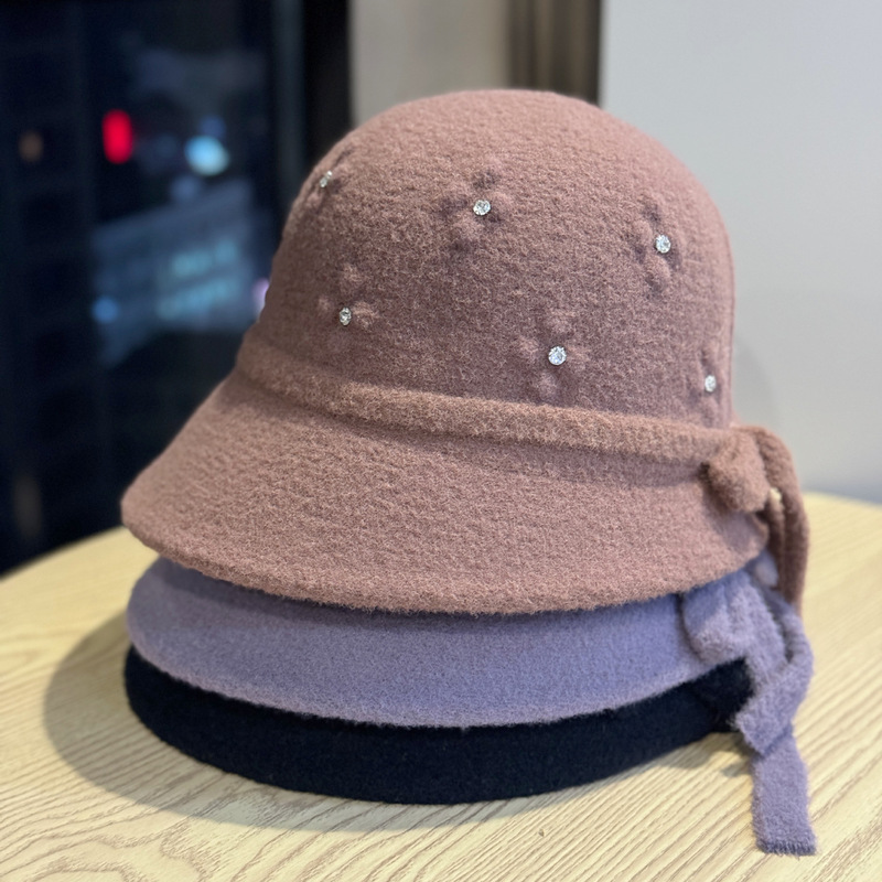冬季新款高档手工水钻装饰毛呢礼帽日系保暖渔夫帽女士优雅盆帽潮|undefined