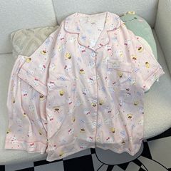 新商品の雲綿の漫画の粉の猫の夏の半袖の半ズボンのパジャマの女性のゆったりしている薄いタイプの学生のレジャーの家の服