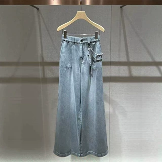 灰色阔腿牛仔裤女2026夏季新款松紧腰时髦链条高腰宽松显瘦直筒裤