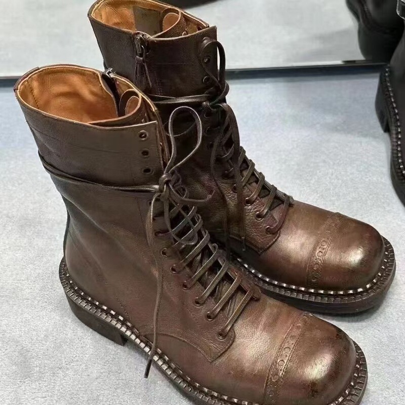 Miu Miu Mi Home U New Battle-Damaged British Style Boots for Women 2025 Autumn and Winter Distressed Thick Heel Lace-Up Motorcycle Short Boots