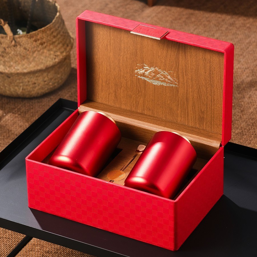 见山茶叶包装高档皮盒配2个大合金罐红橙咖三色可选散茶包装礼盒