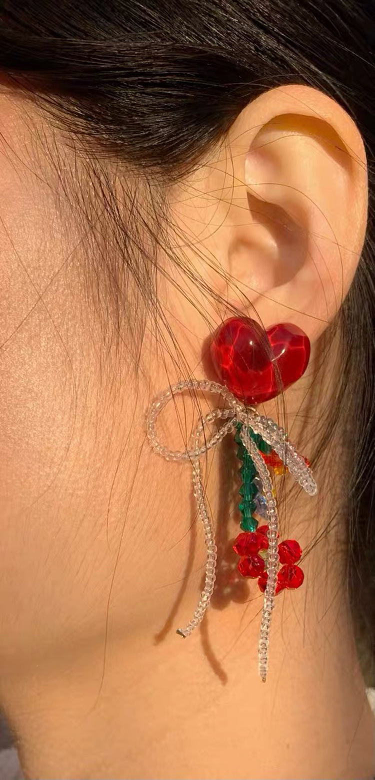 Fashion New Heart-shaped Red Flower Bead Bow Acrylic Earrings display picture 2