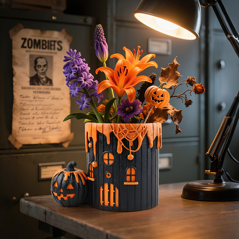  Halloween Pumpkin House Resin Flower Pot Home Desktop Courtyard Garden Outdoor Landscaping Decorative Ornaments