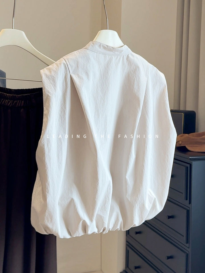 Áo gile nữ không tay dáng rộng gấu bo chun phong cách retro, dài áo 50–65 cm — Màu be, màu xám