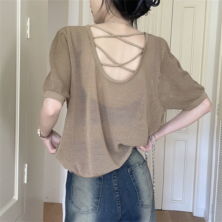 2024 New Summer Cut Out Slim T-Shirt Short-Sleeved Women's Age-Reducing Pure Color Thin Pullover Knitwear Top 2024 New Summer Cut Out Slim T-Shirt Short-Sleeved Women's Age-Reducing Pure Color Thin Pullover Knitwear Top