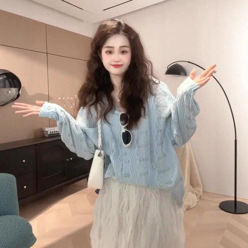 慵懒风蓝色钩花镂空连帽衬衫上衣女2025春夏独特别致长袖防晒开衫|undefined