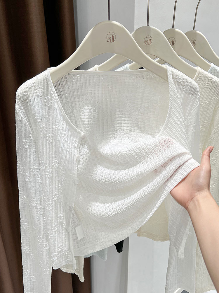 Bộ áo cardigan dệt kim lụa kết hợp váy hai dây ren chống nắng nữ — Màu xanh lam nhạt