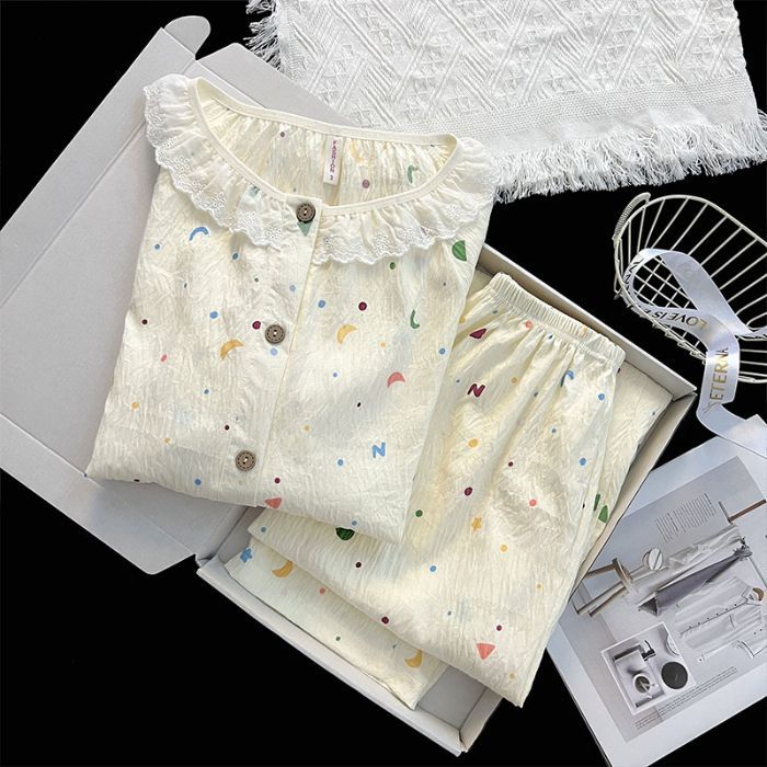 Red de celebridades de la red nuevo estilo nube algodón lindo oso traje pijamas mujeres otoño rebeca de manga larga cuello redondo ropa de hogar de encaje casual