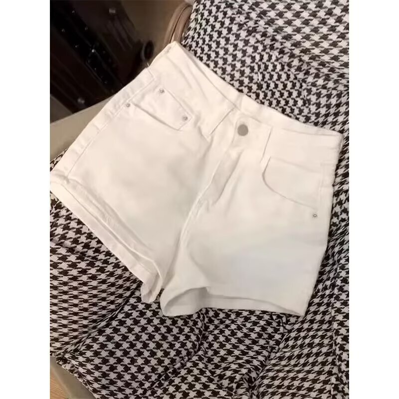 Small American Style Spice Girls White Denim Shorts Women's Summer New High Waist Elastic Tight Slim Hip Hot Pants