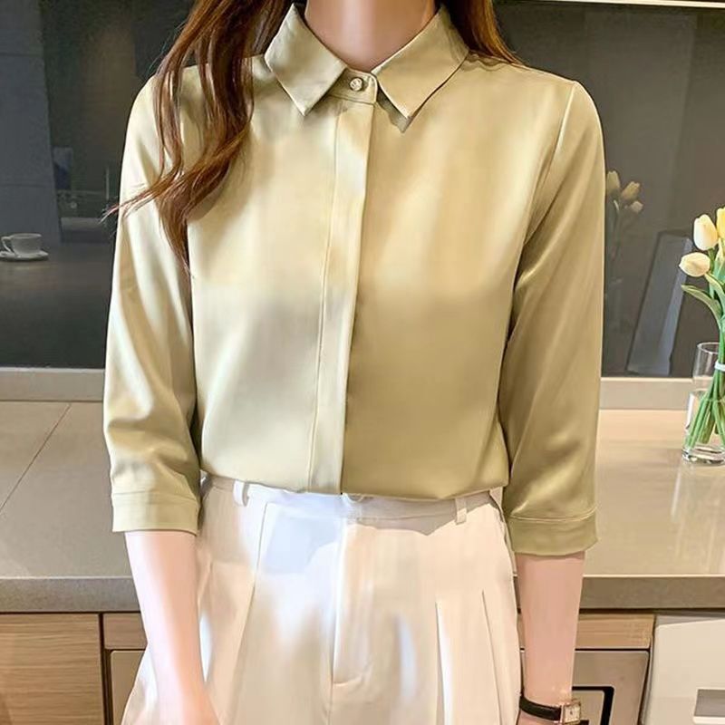杭州のシルクのシャツの女性の長袖の春秋服の新型の绢糸の上着の白い職業は底のシャツの女性を詰めます。|undefined