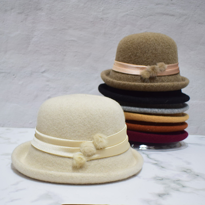 秋冬精品英伦白色针织羊毛盆帽女式优雅毛球装饰俏沿礼帽保暖帽子