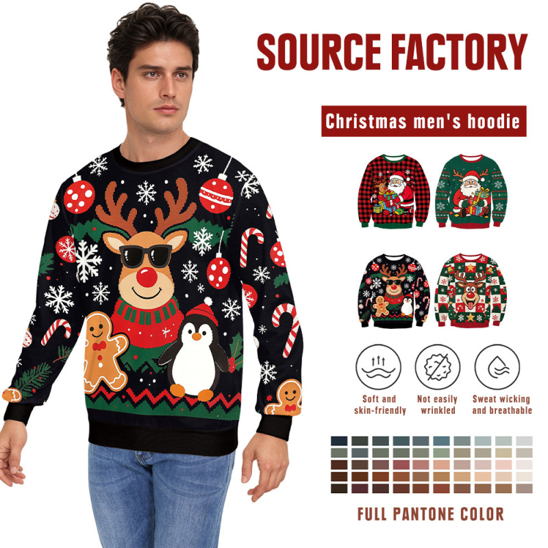 European and American Christmas party, funny holiday sweatshirts, Christmas crewneck sweatshirts, printed reindeer, penguin, and gingerbread man designs