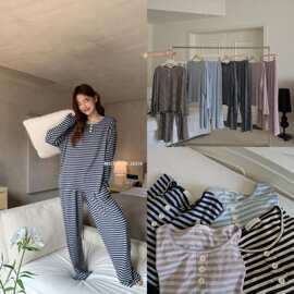 韩社2657#老钱风莱赛尔条纹懒人家居服套装宽松休闲可外穿睡衣女