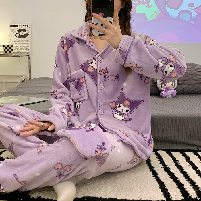 Rayas yugui perro pijamas de franela las mujeres japonés otoño y el invierno cardigan manga larga con máscara ojos dibujos animados homewear caliente conjunto