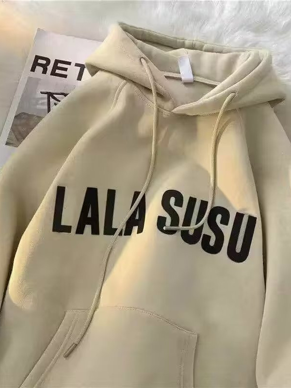 Letra japonesa impresión fleece-forrado con capucha suéter de los hombres de la marca de moda suelta estilo perezoso todo partido pareja abrigo