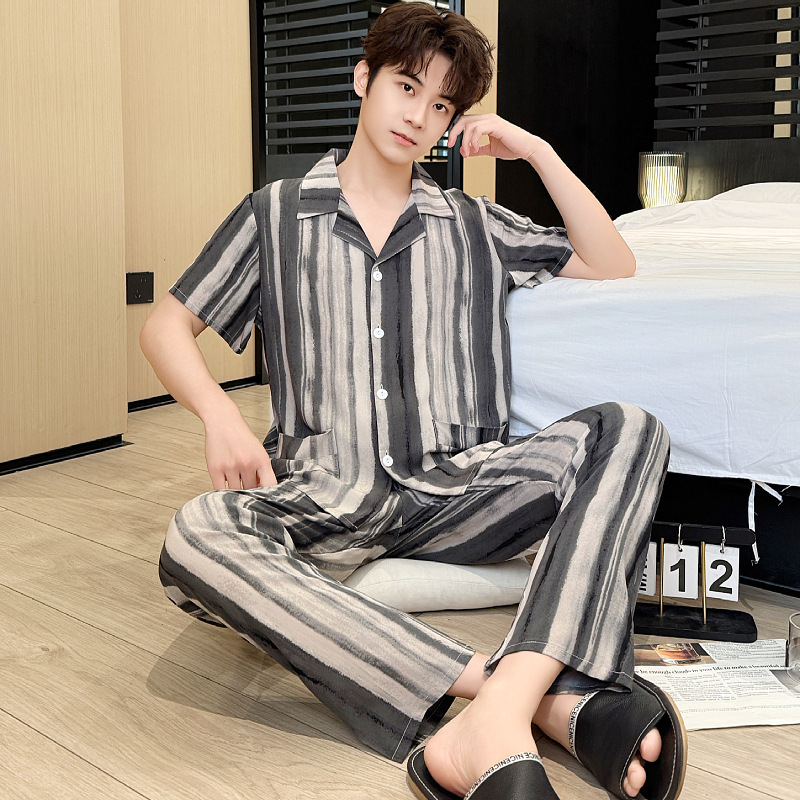 Cotton Silk Pajamas for Teenagers and Men, Summer Thin Cotton Silk Large Size Loungewear, Men's Rayon Suit, Large Size Loose Fit