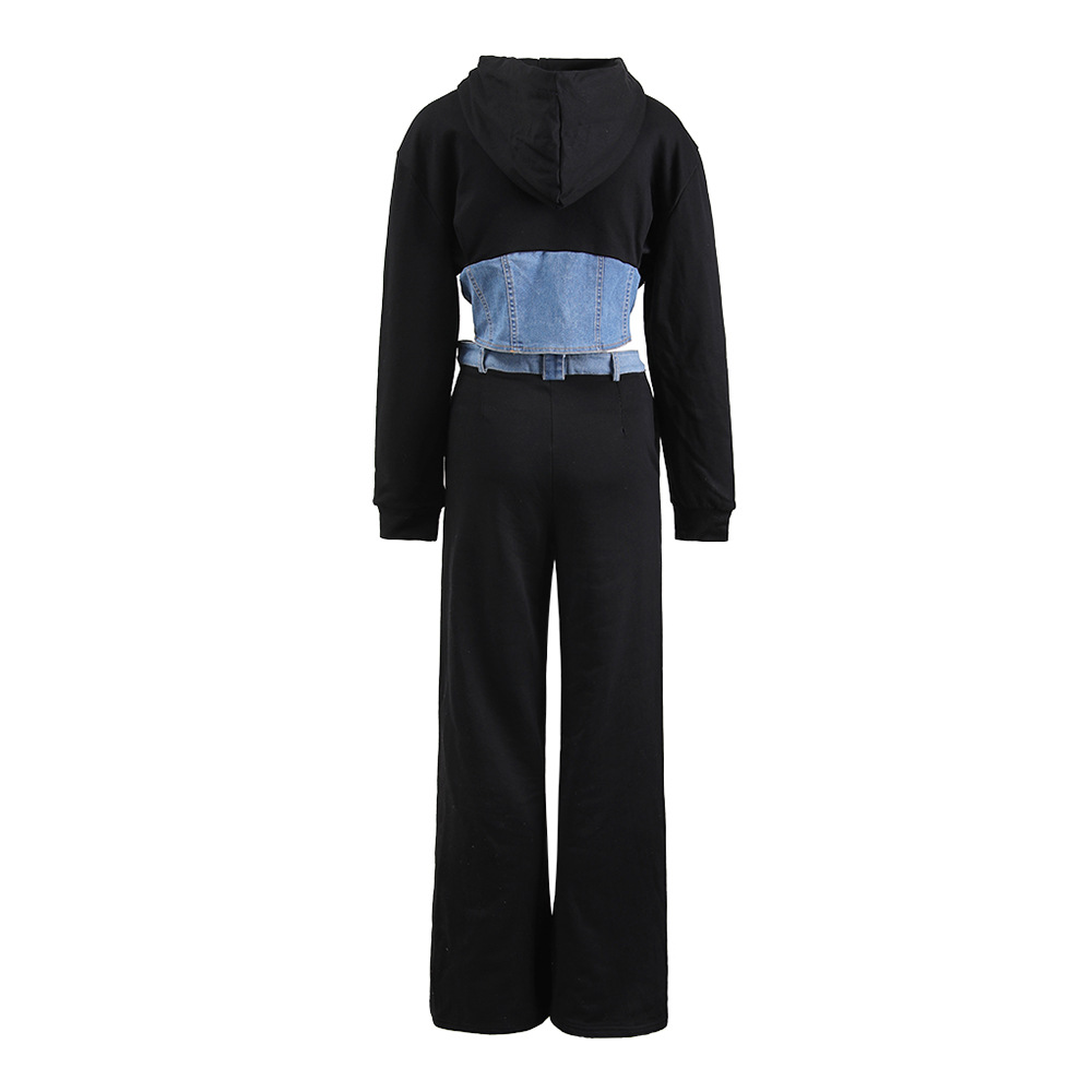 Women's Clothing retro hooded long sleeved denim splicing sweater suit spring new style ribbon trousers casual two piece suit for women_voghion.com