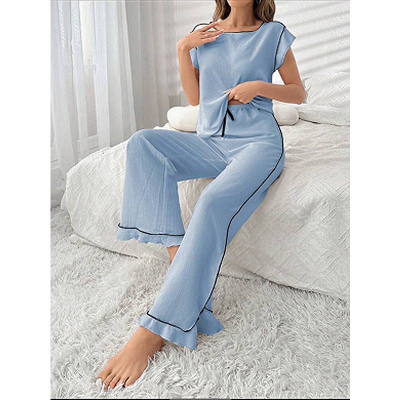 ChicShe Damen-Pyjama-Set mit Rundhalsausschnitt und gekreuzten Bordüren, bequem, für Frühling/Sommer, neue hochwertige Patchwork-Farbblock-Zierelemente, europäischer Stil_voghion.com