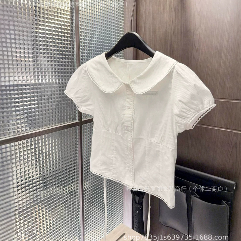 College-Style Doll Collar White Simple Short-Sleeved Shirt for Women with Tie Back and Waist-Cinching Design, Sweet Girly Style Versatile Top
