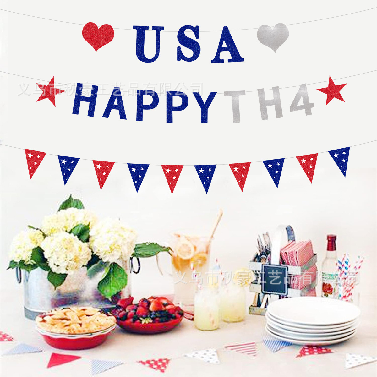 2024 nuevo rojo, azul y blanco elementos independientes de bandera de triángulo de bandera de cinco puntas transfronterizos flash decoración de fiesta de papel