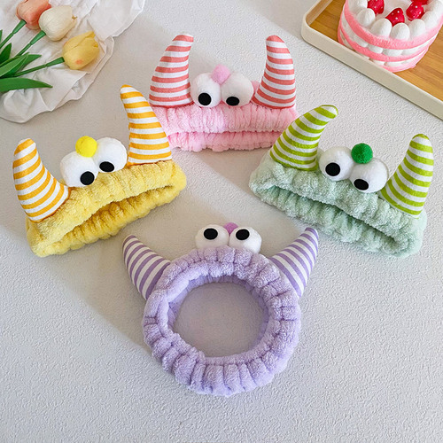 New Cartoon Cute Big Eyed Monster Horn Headband Women's Face Wash Makeup Plush Striped Horn Headband Hair Accessories